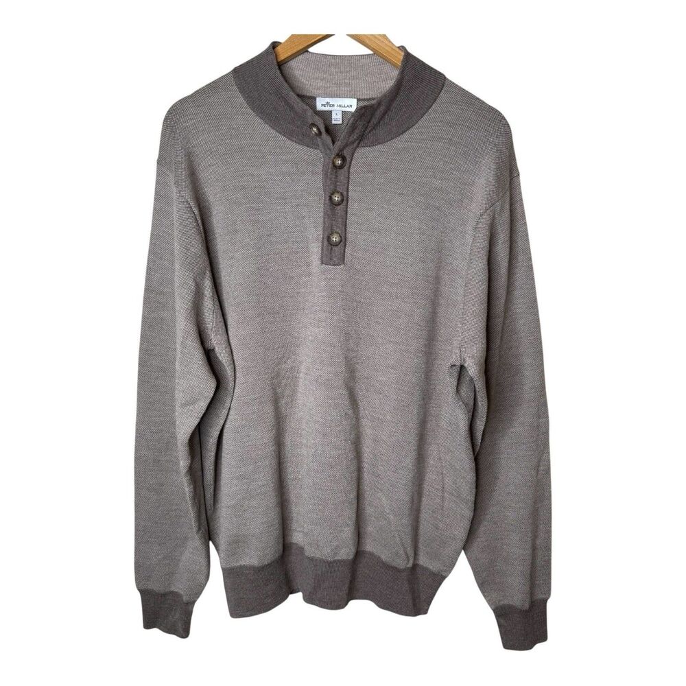 Peter Millar Italian Merino Wool Henley Sweater Mens Large Quiet Luxury Taupe
